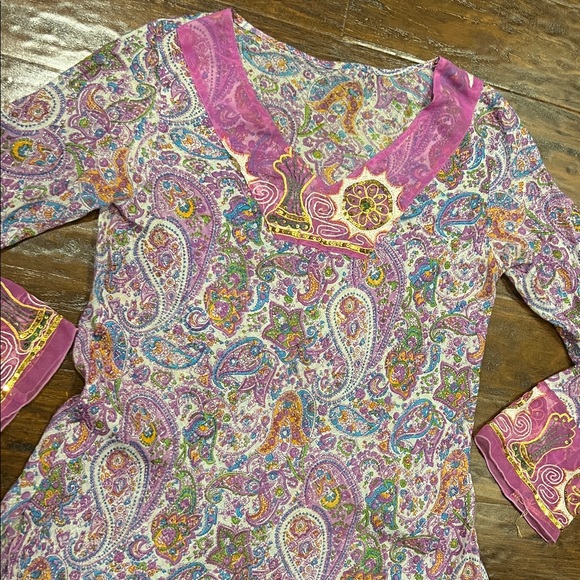 Made in Nepal 100% Cotton Colorful Paisley Short Kurta Tunic Size L/XL - Picture 2 of 11